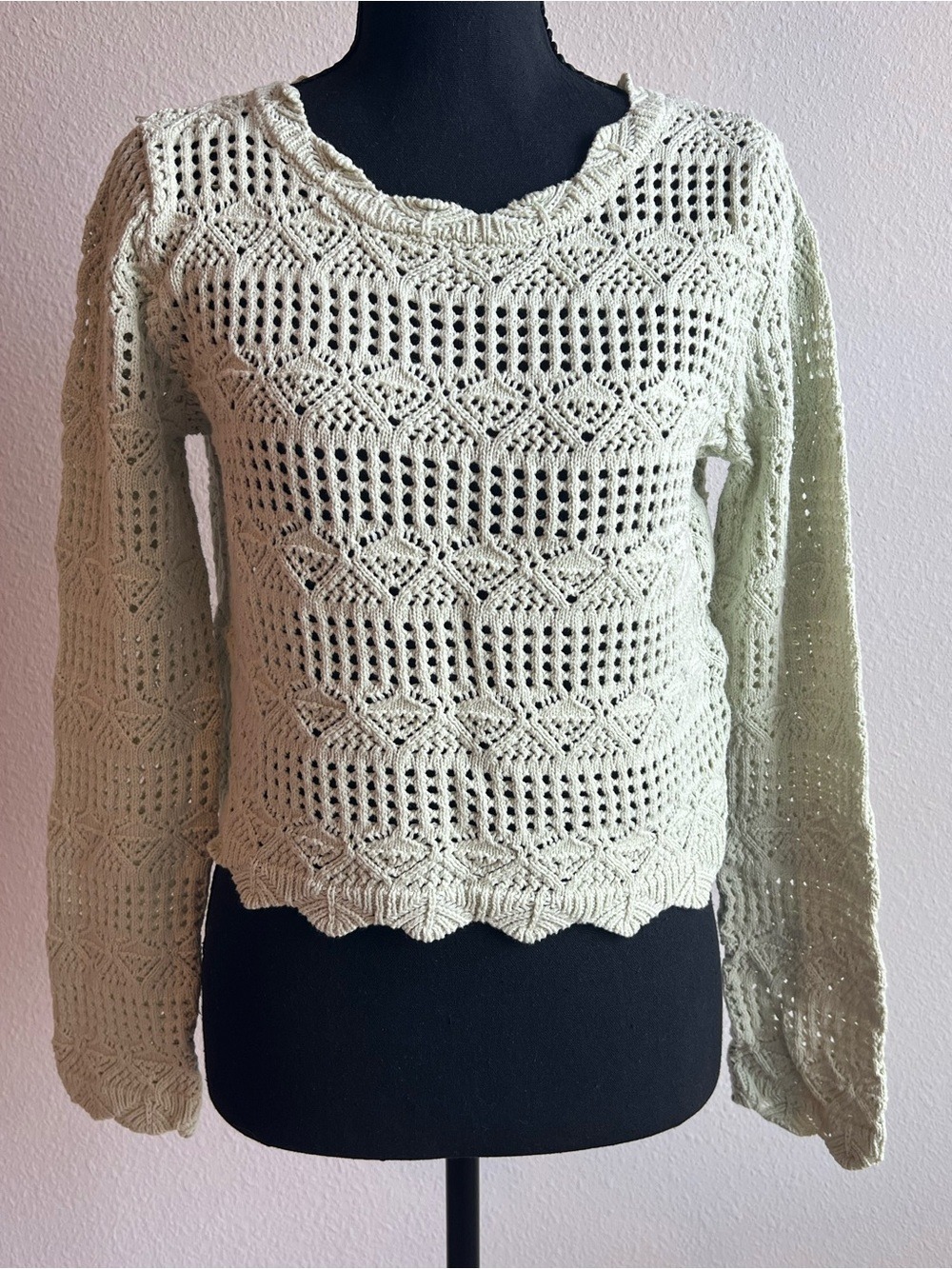 Freshman Mint Green Open Knit Crochet Pullover Sweater Scalloped Hem M